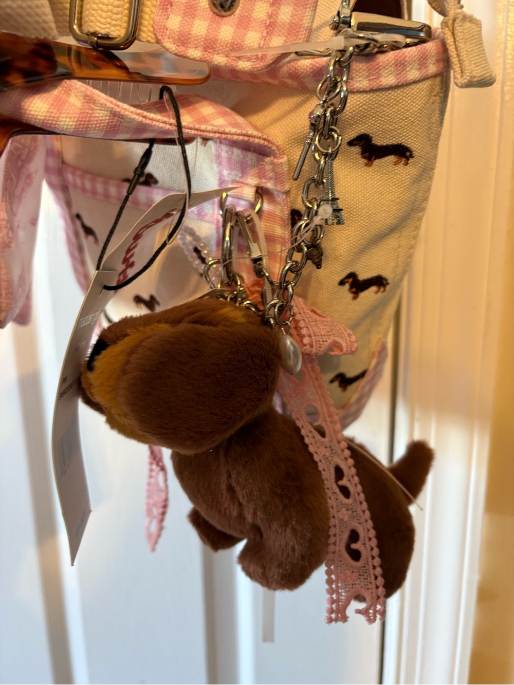 Madden Girl Pink Gingham Dachshund Crossbody Bag with Plush Charm - Picture 4 of 6